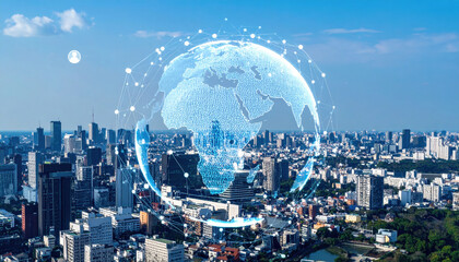 Digital Connections Over Cityscape with Earth Network Visualization