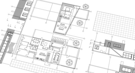 residential house plan sketch 3d illustration
