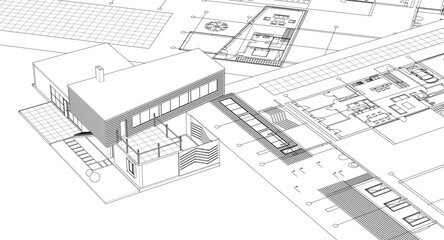 residential house plan sketch 3d illustration