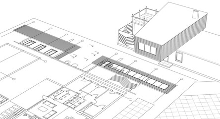 residential house plan sketch 3d illustration