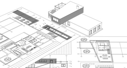 residential house plan sketch 3d illustration