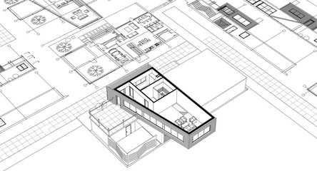 residential house plan sketch 3d illustration