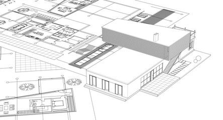 residential house plan sketch 3d illustration