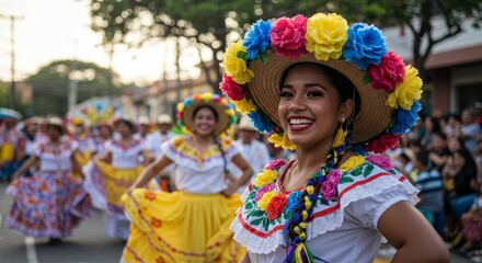 Fototapeta premium Woman in Vibrant Floral Hat at a Festive Parade - A smiling woman, adorned in a traditional, colorful floral hat and dress