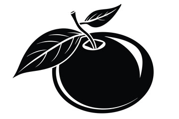 A black silhouette of a plum displays leaves and stem in a stylized presentation
