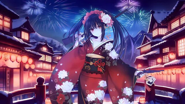 Anime girl at a party, in a kimono, against the backdrop of fireworks