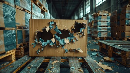 Damaged cardboard box on warehouse pallet