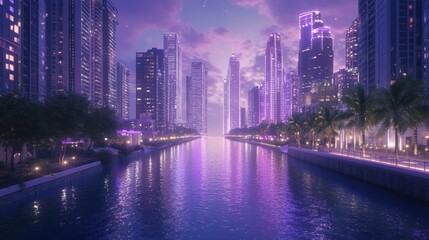 Fototapeta premium Futuristic city canal at dusk