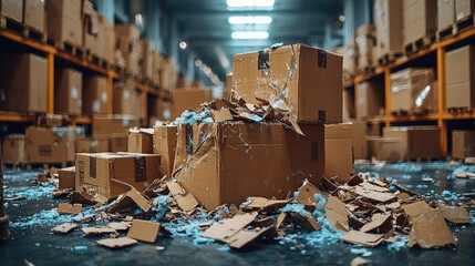 Damaged cardboard boxes warehouse