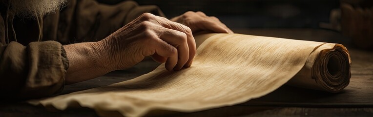 An old man unrolls an ancient, weathered scroll bathed in divine light, revealing a sacred message of God’s eternal wisdom, spiritual truth, and holy guidance for all generations.