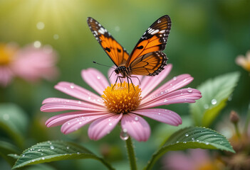 Fototapeta premium Colorful Monarch Butterfly Resting on Pink Petals