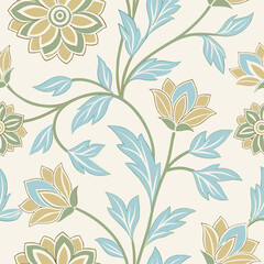 Seamless Vintage Floral Pattern with Blue and Beige Flowers on Cream Background