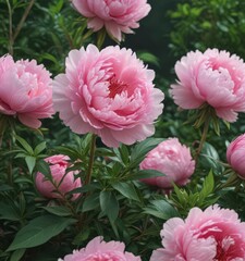 Luscious pink peonies, lush green foliage  Close-up view ,  garden,  leaves,  beauty