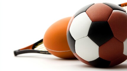A variety of sports equipment including a football, soccer ball, and tennis racket, all isolated on a clean white background,