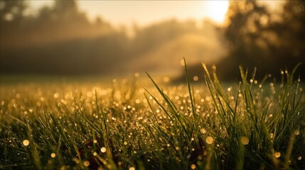 Morning Dew on Lush Green Grass in Soft Golden Light at Sunrise