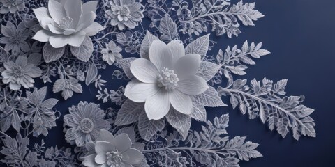 Intricate white floral lace on deep indigo gradient , vector, subtle