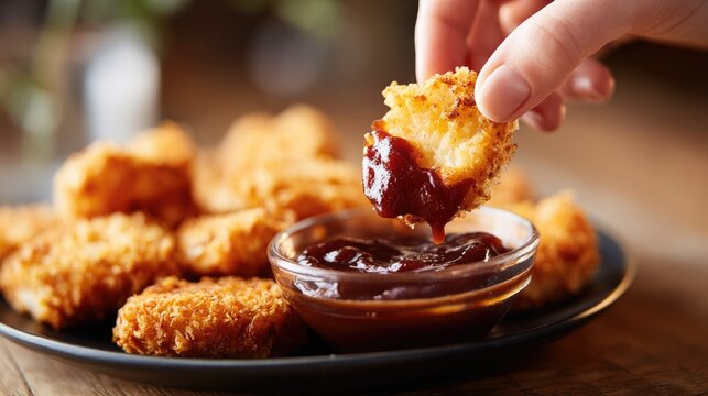 Close-up of a woman's hand dipping a crispy chicken nugget into tangy barbecue sauce, with a plate of freshly cooked nuggets on the table