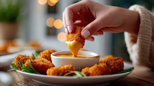 Close-up of a woman's hand dipping a hot chicken nugget into honey mustard sauce, looking at the plate with anticipation