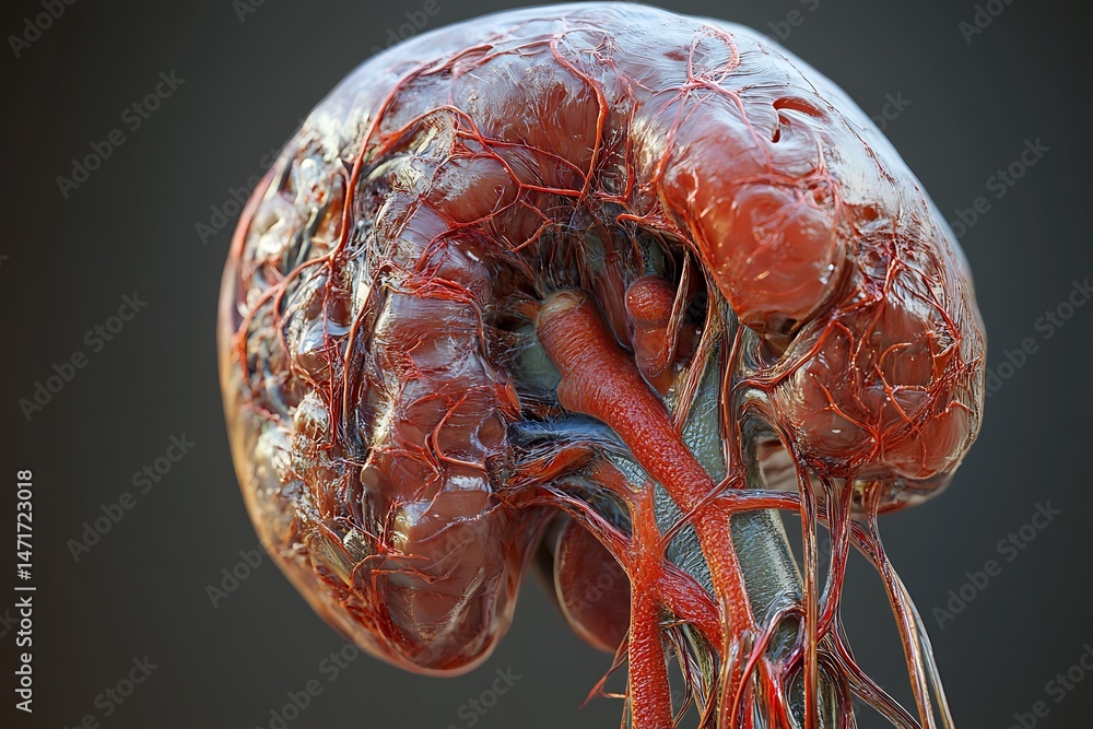 Poster 3d rendering of the human kidneys, showing the renal cortex, medulla, and nephron structure in an ad