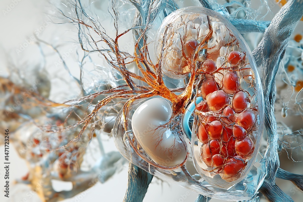Poster 3d rendering of the human kidneys, showing the renal cortex, medulla, and nephron structure in an ad