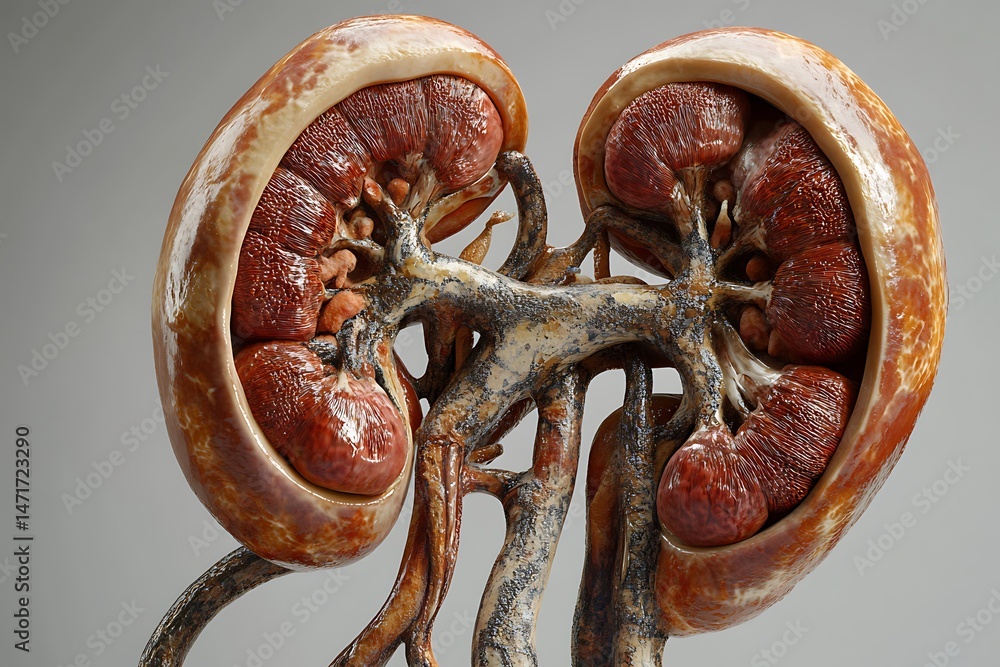 Poster 3d rendering of the human kidneys, showing the renal cortex, medulla, and nephron structure in an ad