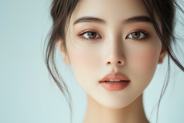 Naklejka premium closeup of young asian woman with flawless makeup and natural expression against bright background. portrait photography, beauty, skincare, cosmetic branding.