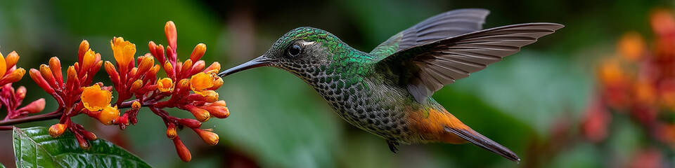 Hummingbird feeding from vibrant jungle flowers 32k, full ultra hd, high resolution