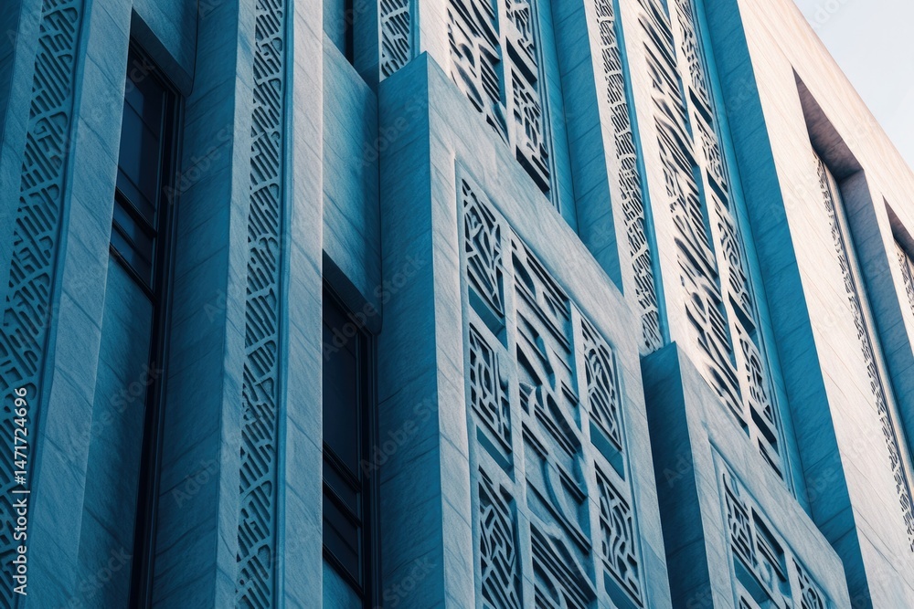 Poster modern building with intricate geometric patterns and teal color scheme.