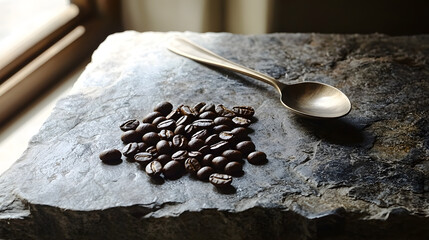 Warm light flat lay of coffee beans and spoon cozy caf branding lifestyle scene