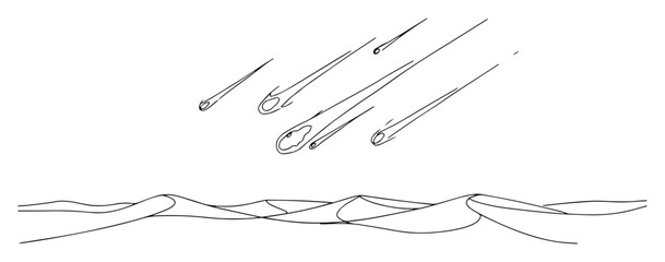 Fototapeta premium falling meteors over desert landscape, minimalist one line vector in linear abstract style