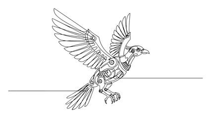 mechanical bird with wings spread, futuristic one line vector in robotic tech style
