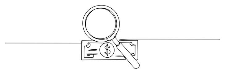 Magnifying glass inspecting dollar bill, financial audit line art © Luka