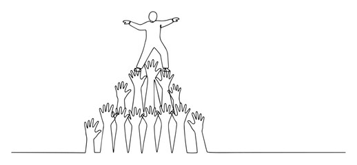 Leader atop pyramid of hands, teamwork support line art