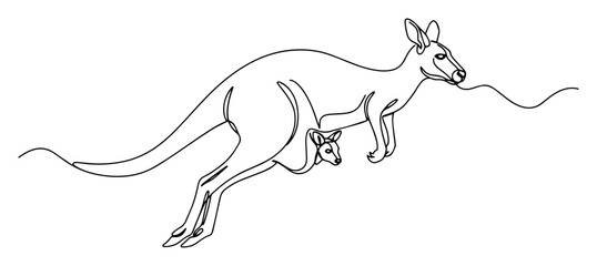 kangaroo with joey in pouch jumping, drawn in one line minimal black and white vector