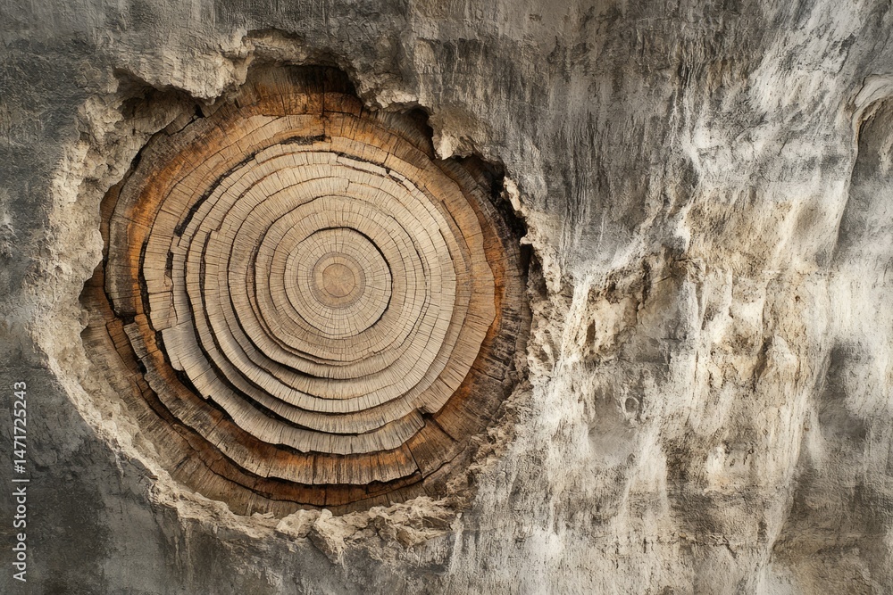 Poster petrified tree cross-section embedded in rock, showcasing concentric rings and geological time.