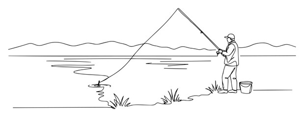 one line vector of fisherman casting rod by the lake, peaceful outdoor minimal scene
