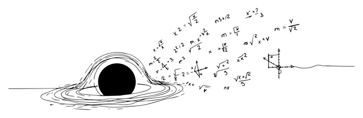 black and white vector of black hole with mathematical formulas, minimal continuous line illustration © Luka
