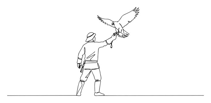 one line vector of falconer holding bird of prey, minimalist traditional hunting scene
