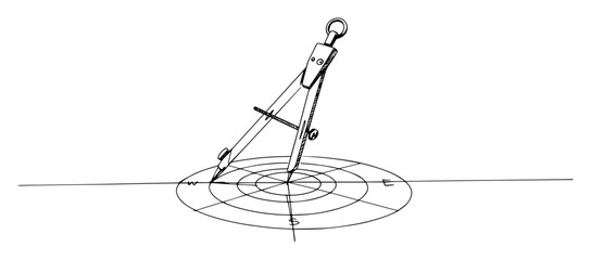 black and white vector of a drawing compass sketching concentric circles in minimal one line style