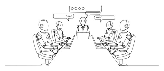 one line black and white vector showing robots in a business meeting with a human at the table