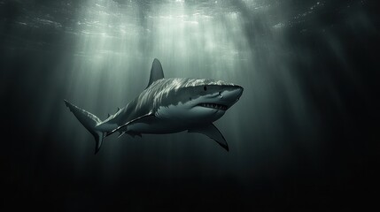 Shark swimming under the water with sun shining