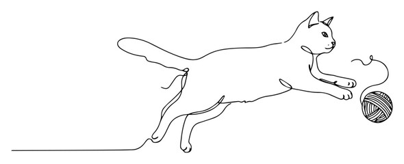 cat jumping to catch yarn ball, playful pose in black and white line vector