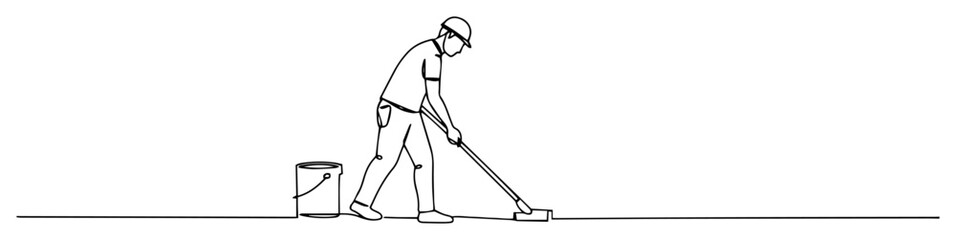 Fototapeta premium Janitor mopping floor with bucket, cleaning service line art
