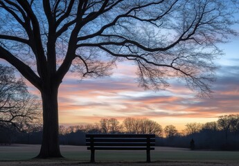 Empty park bench under a majestic tree at sunrise