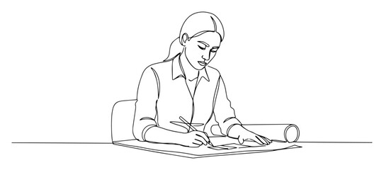 female architect or designer drawing on desk, minimal black and white line vector