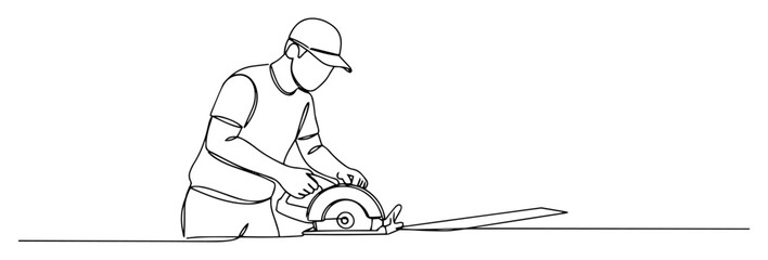 Worker cutting plank with circular saw, one‑line drawing illustration
