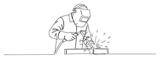 Welder joining metal plate with sparks, continuous line art