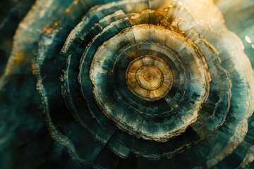 Intricate concentric circles of teal and gold hues showcase a mesmerizing natural formation.