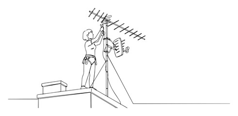 female worker adjusting TV antenna on roof, continuous line vector drawing