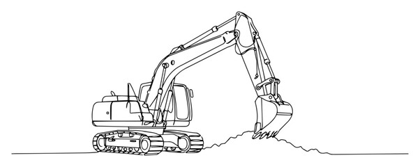 excavator digging ground in continuous line drawing, black and white vector